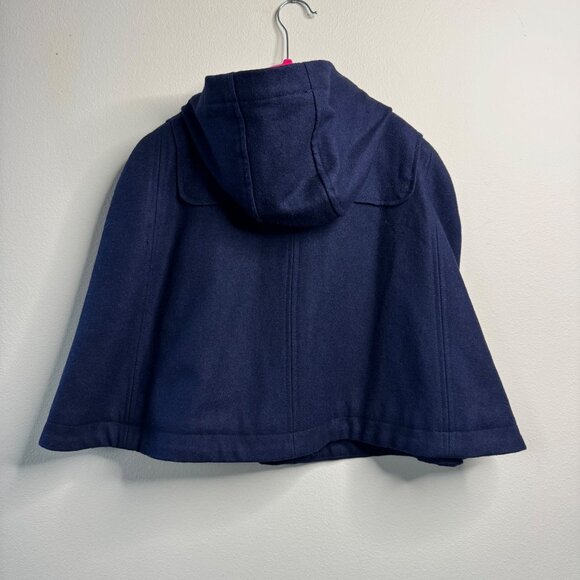 COUNTRY ROAD Hooded Cape Girls 5 Navy Blue Wool Winter Coat Faux Fur Pom Ties - Picture 2 of 12